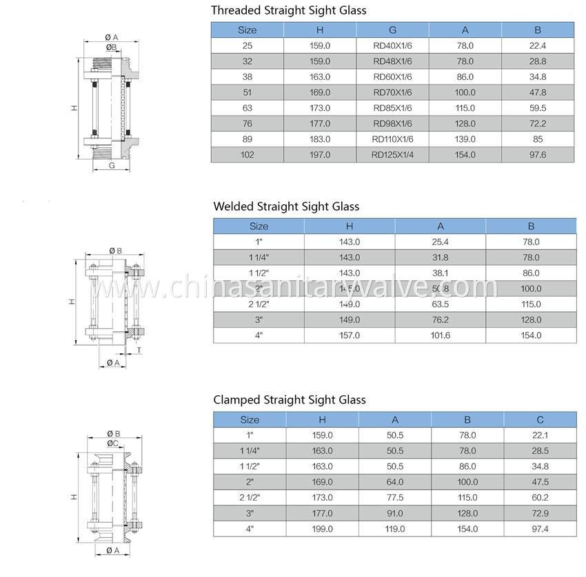 sanitary clamped welded threaded straight sight glass